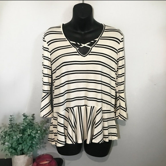 Ivory & Black Peplum Stripe Top - Picture 3 of 3